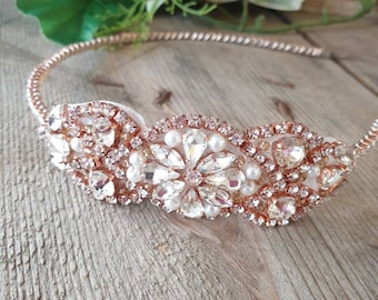 Rose Gold and Diamante Side Tiara, Wedding Hair Accessories, Rustic Wedding, Vintage Inspired, Adornment, Handmade Headpiece for the Bride