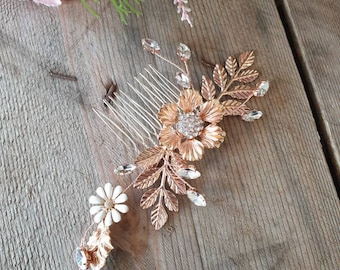 Daisy Floral Rose Gold Bridal Hair Comb with Rhinestones