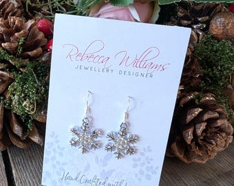 Sparkling Diamante Snowflake Earrings, Christmas Jewellery, Sparkly Earrings, Stocking Fillers, Sterling Silver