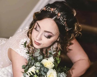 Bright Rose Gold Floral Hair Vine, Pearl and Crystal Wedding Headpiece, Delicate Floral Headpiece