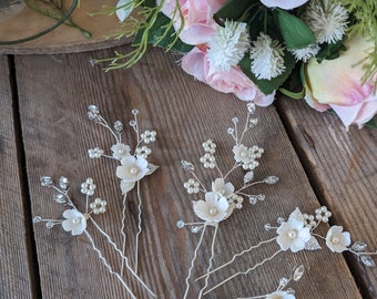 Set of 5 Flower Hair Pins for the Bride, Pearl Hair Pins, Bridal Hair Pins, Floral Hair Vine, Hair Flowers, Flower Hair Vine, Wedding Hair