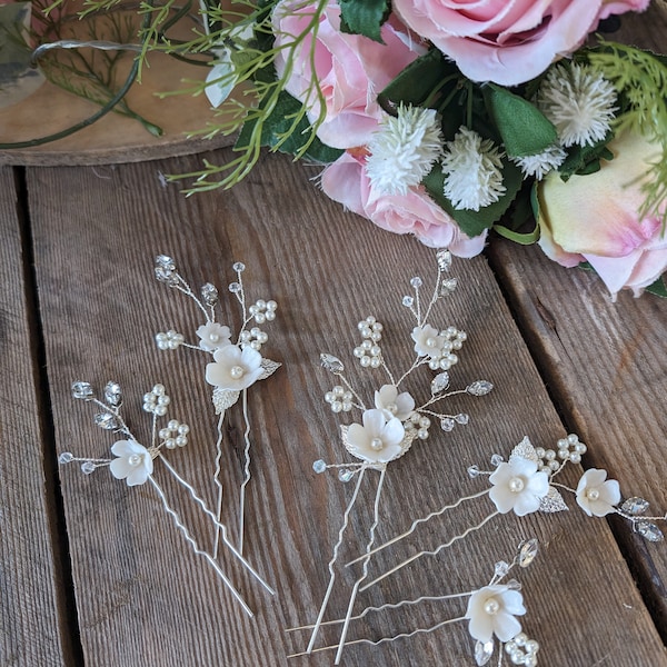 Set of 5 Flower Hair Pins for the Bride, Pearl Hair Pins, Bridal Hair Pins, Floral Hair Vine, Hair Flowers, Flower Hair Vine, Wedding Hair