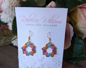 Easter Egg Wreath Earrings, Easter Hunt, Easter Gift ideas, Cute Jewellery, Easter Bunny, Dainy Jewellery, Sterling Silver Drop Earrings