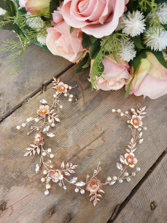 Rose Gold Floral Hair Vine with Pearls and Crystals Ivory and Co Rose Gold Bloom Crystal and Pearl Floral  main image 3