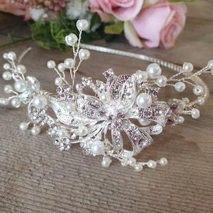 Pretty Sparkle Side Tiara, Diamante Tiara, Bridal Headpiece, Pearl Wedding Tiara, Bridal Hair Accessories, Wedding, Siver Hair Vine - Evie