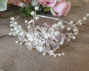 Pretty Sparkle Side Tiara, Diamante Tiara, Bridal Headpiece, Pearl Wedding Tiara, Bridal Hair Accessories, Wedding, Siver Hair Vine - Evie