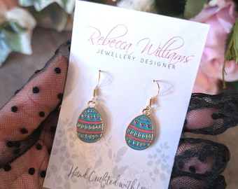Enamel Easter Egg Earrings, Sterling Silver Hooks, Blue Pink Gold Detail