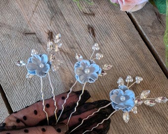 Light Blue Floral Wedding Hair Pins, Rhinestone Pearl Bridal Accessories Set