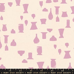 May include: Fabric with a repeating pattern of lavender-colored vase silhouettes on a cream background. The vases vary in shape and size, creating a textured, artistic design. The text "RUBY STAR SOCIETY" is printed along the bottom edge.