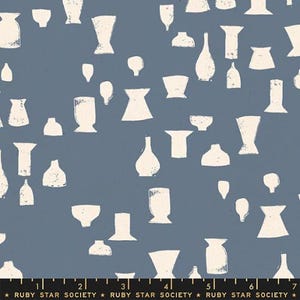 May include: Blue fabric with a repeating pattern of off-white vase shapes in various sizes and styles. The vases are scattered across the fabric, creating a textured, artistic design. The bottom of the fabric has a ruler with the text "RUBY STAR SOCIETY".