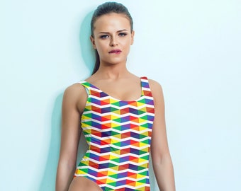 Rainbow Swimsuit - Rainbow Bathing Suit | One Piece Swimsuit - High Cut Swimsuit, Plus Size Swimwear, Modest Swimwear | Hand Made In USA