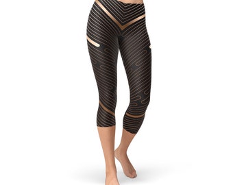 Brown Capri Leggings for Women - Striped Pattern Art Deco Style Print Workout Capri Leggings | Non See Through | Sports Tights, Gym Pants