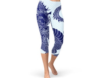 Japanese Dragon Capri Leggings for Women Mid Rise Waist Calf Length Workout Capris Feat Navy Blue Tattoo Design with Scales Perfect for Gym