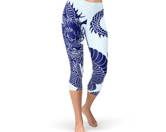 Japanese Dragon Capri Leggings: Navy Blue Tattoo Print, Workout Style