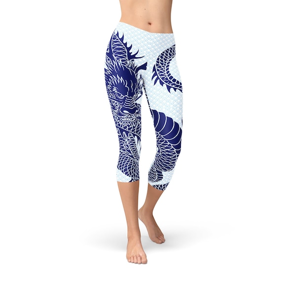 Japanese Dragon Capri Leggings for Women Mid Rise Waist Calf Length Workout  Capris Feat Navy Blue Tattoo Design With Scales Perfect for Gym 