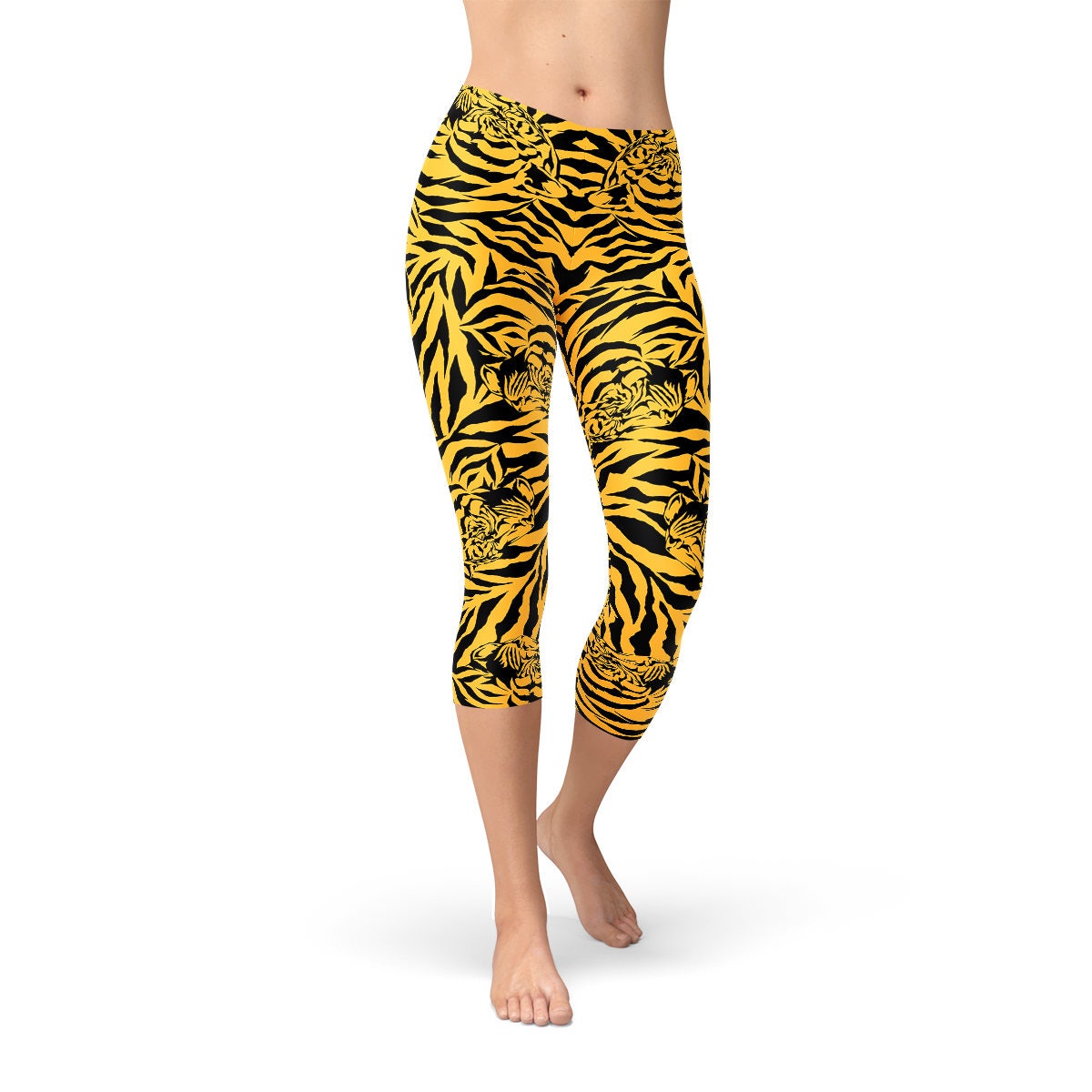Tiger Stripes Leggings for Women Mid Waisted Yellow Pants with
