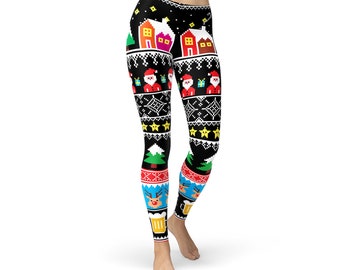 Leggings de Navidad, Leggings de impresión de Navidad, leggings horribles, leggings de Santa, leggings de luces de Navidad, leggings de Navidad feos,