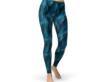 Blaue Feder Leggings - Damen Trainingshose mit mittlerer Taille