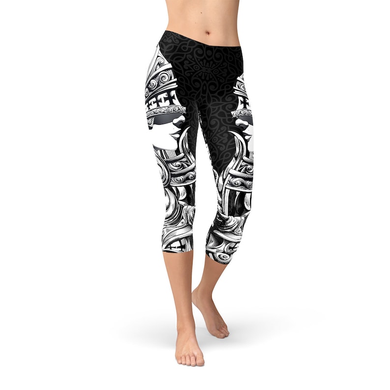 Workout Leggings All Over Print Valkyrie Headpiece Tattoo Design Full Medieval Helmet From Norse Mythology Valkyrie Black Capri Leggings