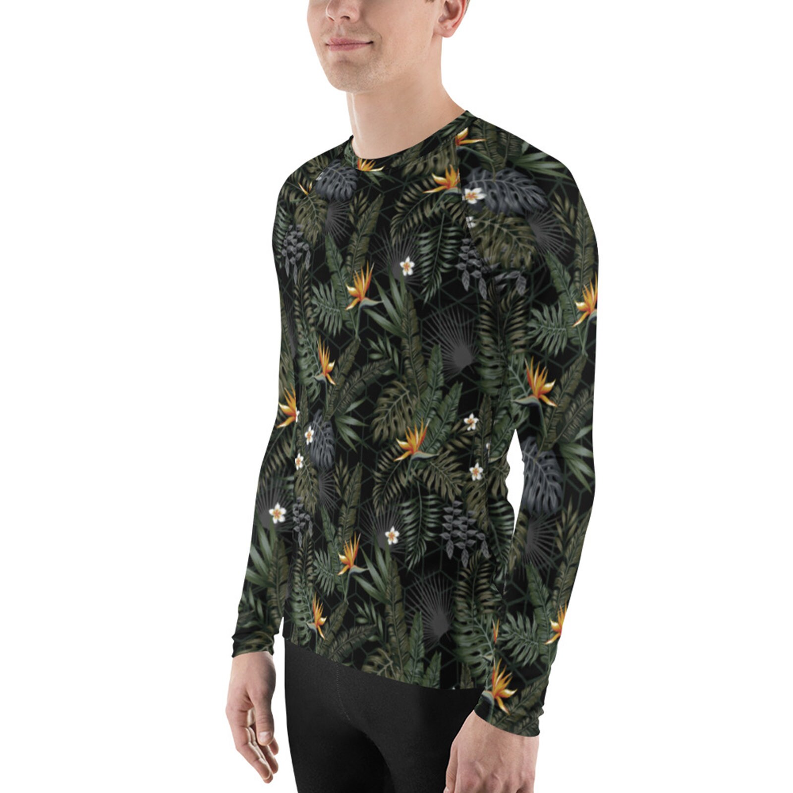 Mens Rash Guard Long Sleeve - Bird of Paradise Tropical Floral Pattern ...
