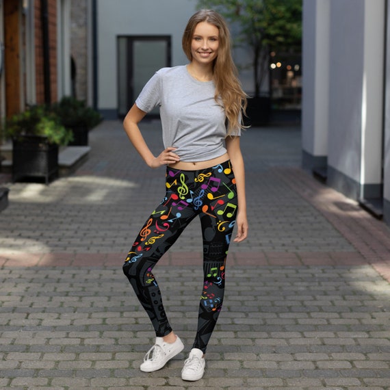 Music Notes Leggings for Women Black Leggings With Musical Notes Print  Patterned Leggings Non See Through Squat Proof Black Yoga Pants -   Ireland