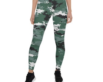Earth Green Camo Leggings for Women Army / Military Camouflage Pattern Mid Waist Full Length Workout Pants for Running, Crossfit, Yoga