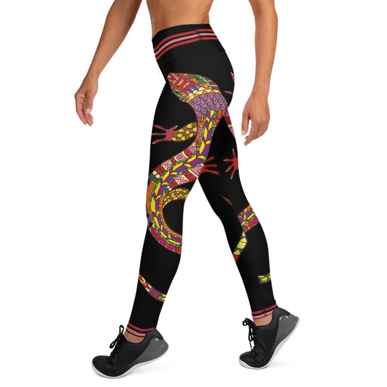 High Waisted Womens Black Yoga Pants with Colorful Tribal Lizard Print Perfect for Running and Crossfit Lizard Yoga Leggings for Women