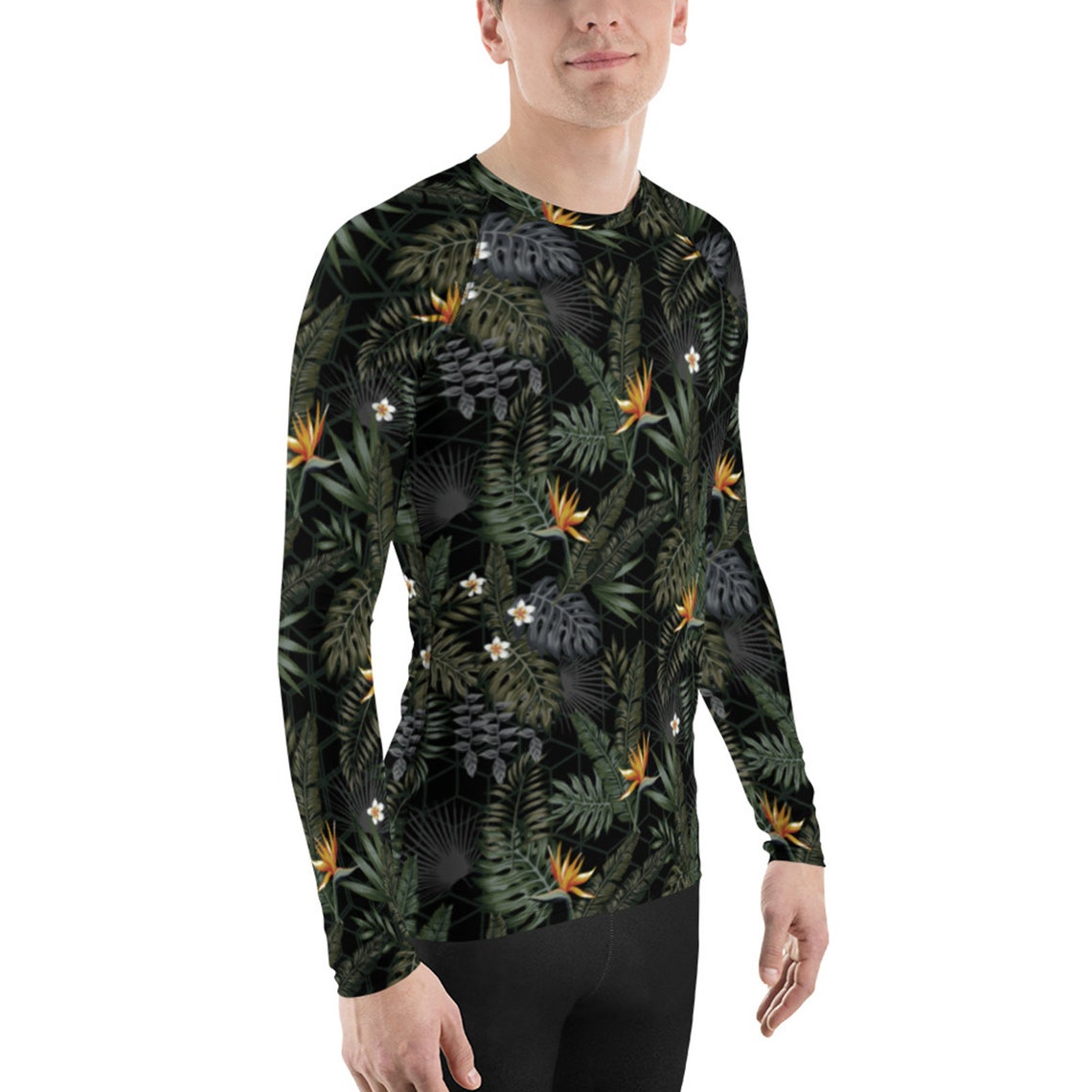 Mens Rash Guard Long Sleeve - Bird of Paradise Tropical Floral Pattern ...