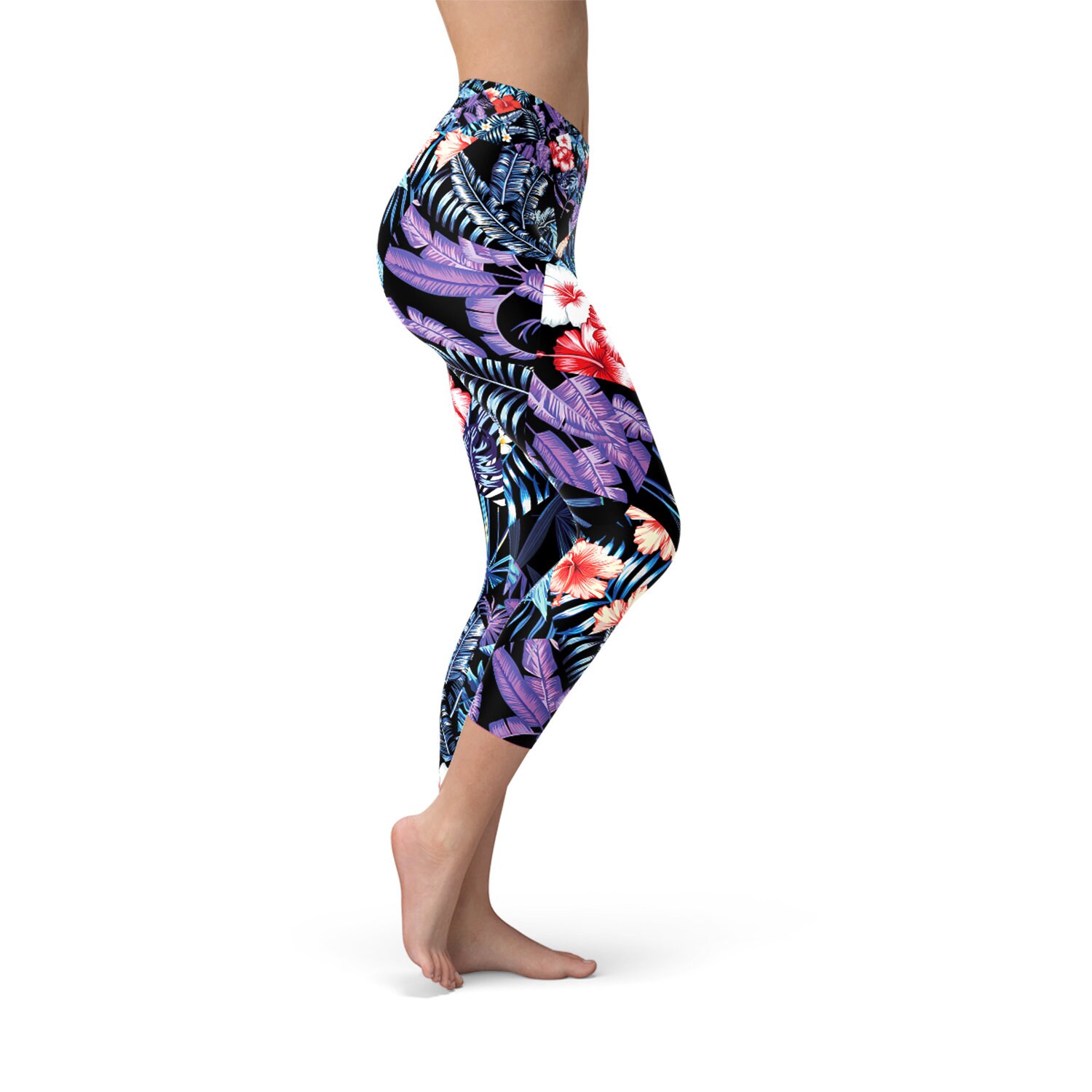 Hawaiian Hibiscus Floral Yoga Capri Leggings for Women High Waisted Mid  Calf Length Printed Workout Pants With Exotic Tropical Flower Print 