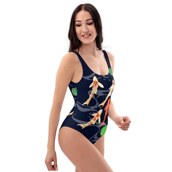 Koi Fish Swimsuit One Piece Bathing Suit W/ Navy Blue Koi Fish in Pond  Pattern Print Modest, Plus Size, High Cut Swimsuits for Women 
