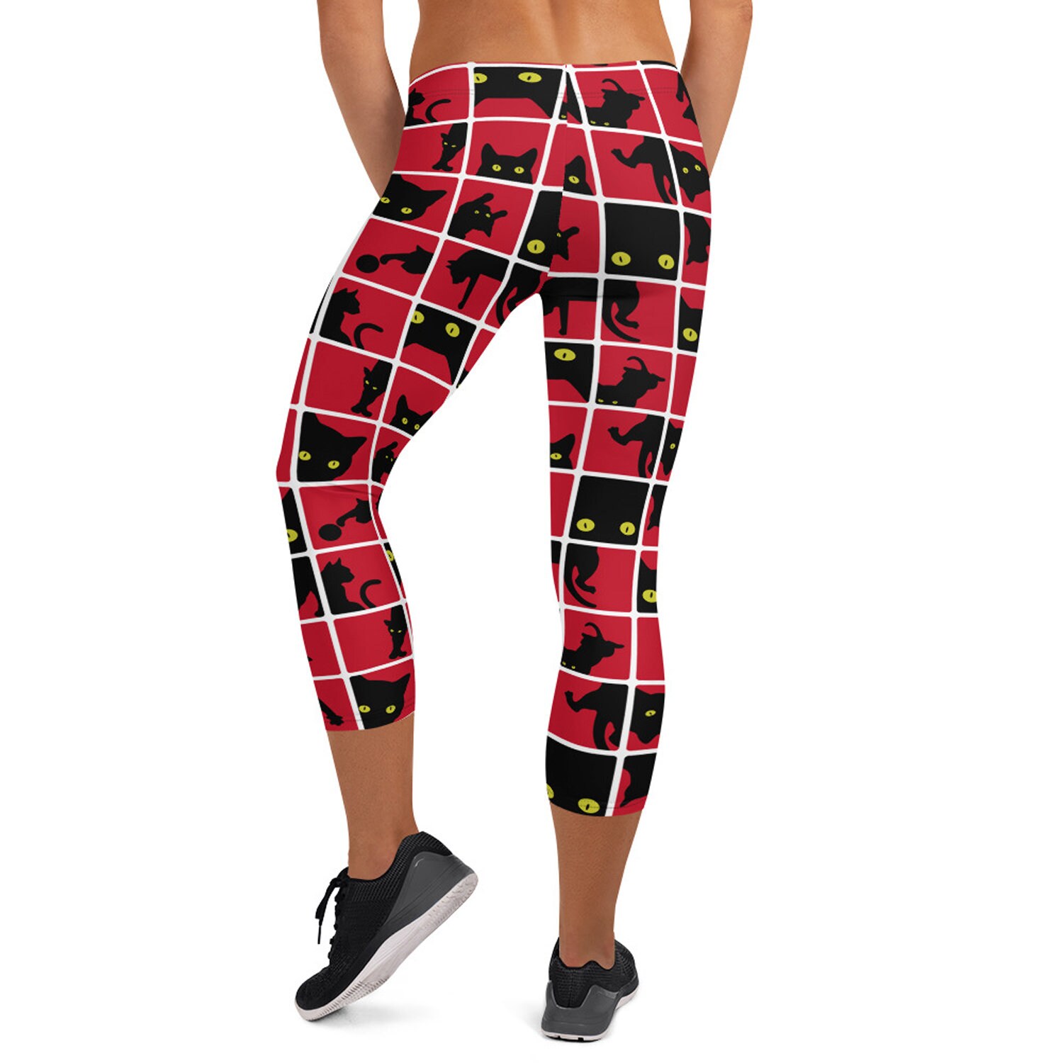 Cute Cat Capri Leggings for Women Black 