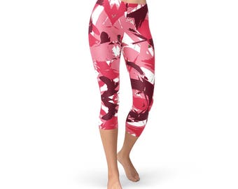 Pink Camo Capri Women Leggings - Stretchable Yoga Leggings, Exercise Pants, Pink Leggings, Fitness Capris for Pilates, Crossfit, Gymnastics