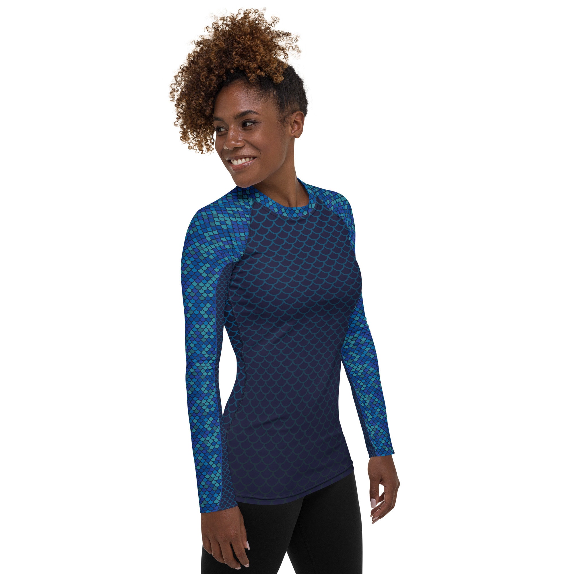 Fish Pattern Rash Guard Women's Blue Mermaid Rash Guard - Fish Scales Pattern Long Sleeve Swim ...
