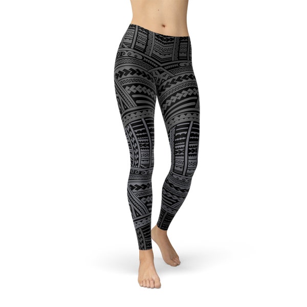 Gunmetal Gray Maori Tattoo Leggings pour femmes - Imprimé Tribal Polynésien Ta Moko Design Style Parfait Pour le Yoga, le Crossfit et la Course à Pied