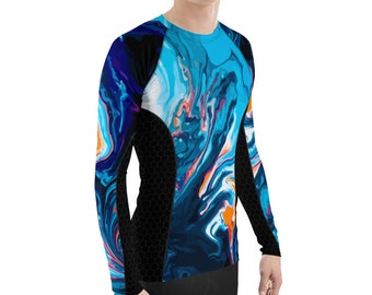 Mens Rash Guard - Marble Pattern Print High Visibility Long Sleeve Rashguard Sun Protection UPF Swim Shirt, Perfect Rashie For Surfing