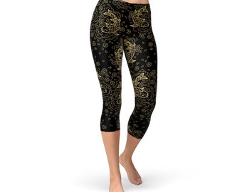 Koi Carp Black Capri Leggings - Capris For Women In Japanese Oriental Style Goldfish Koi Print, Great Capri Pants For Koi Fish Enthusiast