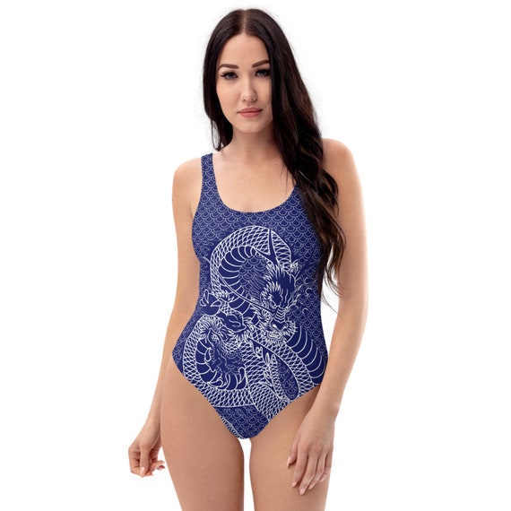 Dragon Swimsuit One Piece Bathing Suit W/ Navy Blue Japanese Dragon Scales  Pattern Print Modest, Plus Size, High Cut Swimsuits for Women -  Canada