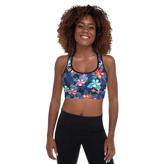 Womens Floral Padded Sports Bra With Tropical Hawaiian Flowers / Hawaii  Hibiscus Pattern Perfect for Yoga, Pilates, Surfing and the Gym 