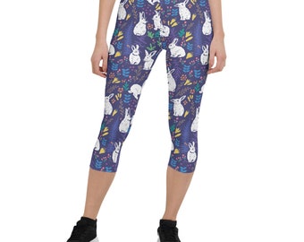 Cute Rabbits Capri Leggings For Women All Over Print Womens Purple Yoga Capri Pants w/ White Bunny Rabbits in Field for Happy Easter Holiday