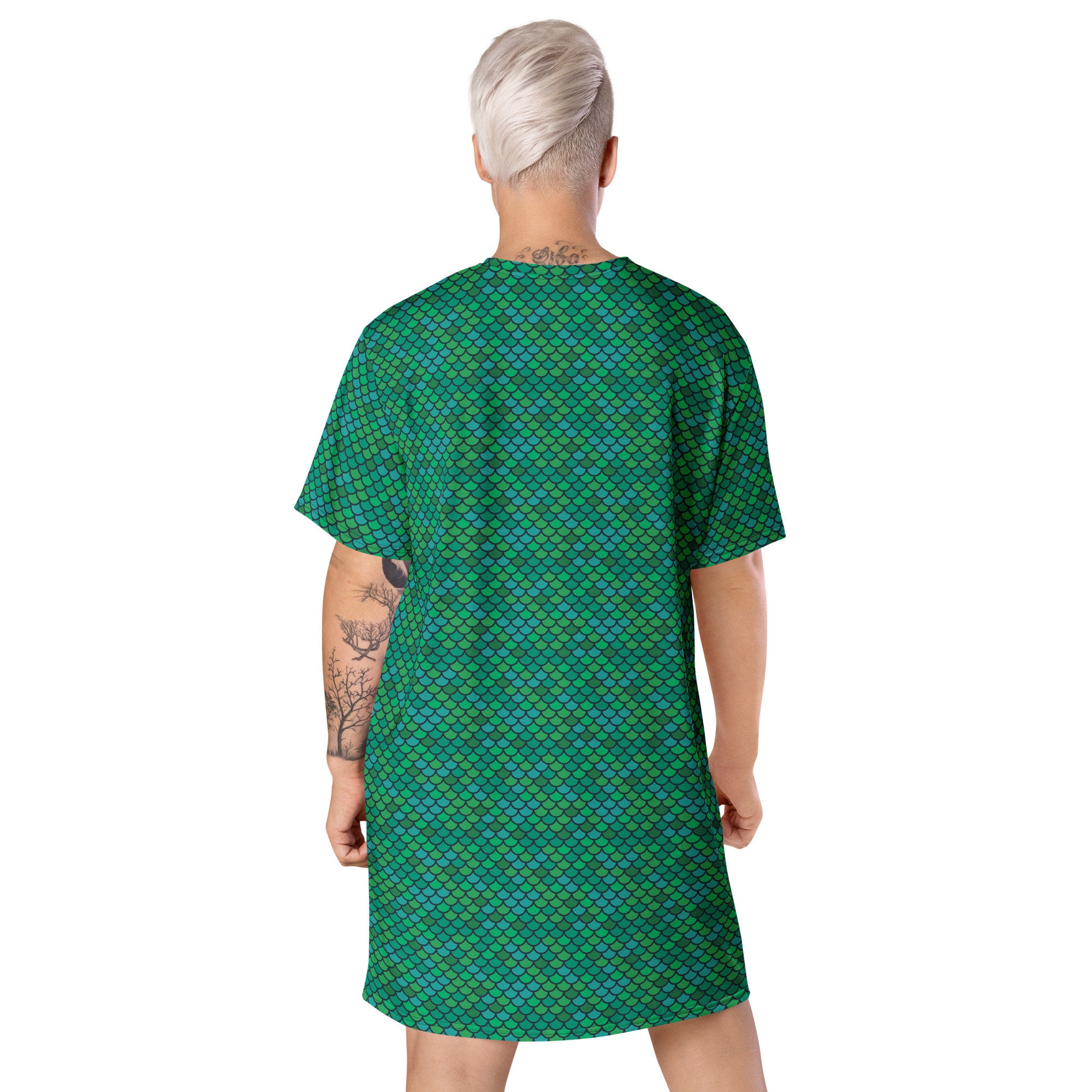 Discover Green Mermaid T-Shirt Dress for Women Fish Scales Pattern Print Plus Size Available Drop Shoulders Comfy Relaxed Oversized Fit