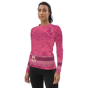 Pink Hawaiian Rash Guard for Women Sun Protection Long Sleeve Swim Shirt w Hawaii Hibiscus Floral for Surfing, Swimming, Paddleboarding