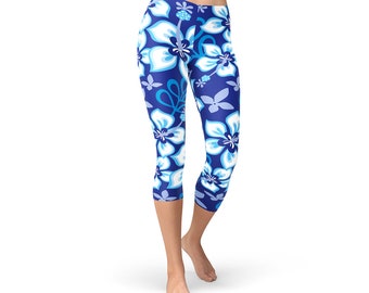 Blue Hawaiian Hibiscus Surf Capri Leggings - Hawaiian Print Capris, Hawaii Activewear, Hawaiian Print Yoga Pants, Hawaiian Athletic Wear