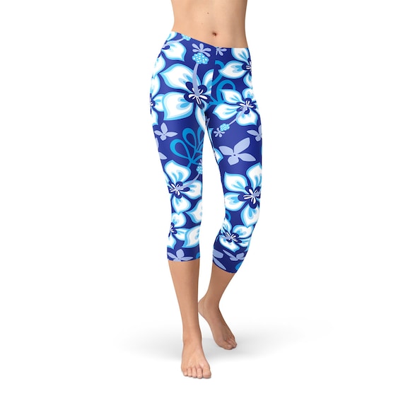 Blue Hawaiian Hibiscus Surf Capri Leggings Hawaiian Print Capris