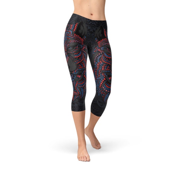 Black Wolf Capris for Women Printed Black Capri Leggings With Grey