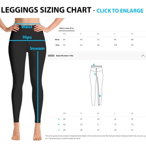 May include: A size chart for leggings with measurements in inches and centimeters. The chart shows the waist, hips, and inseam measurements for different sizes, from XS to XL. The chart also includes a diagram of a pair of leggings with labels for the waist, hips, and inseam.
