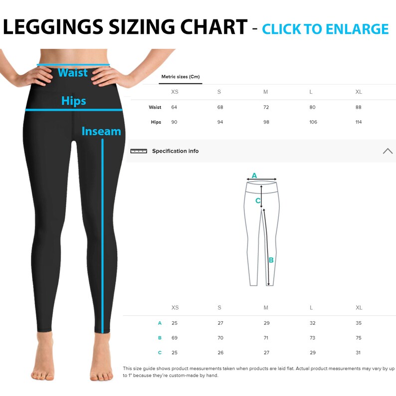 May include: A size chart for leggings with measurements in inches and centimeters. The chart shows the waist, hips, and inseam measurements for different sizes, from XS to XL. The chart also includes a diagram of a pair of leggings with labels for the waist, hips, and inseam.