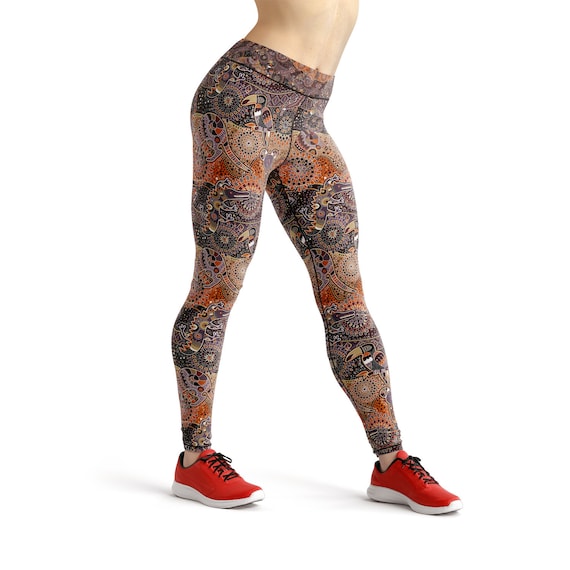 Aboriginal Yoga Leggings For Women Inspired Australian Indigenous Art High Waist Leggings Features Koala Kangaroo and Crocodile Print