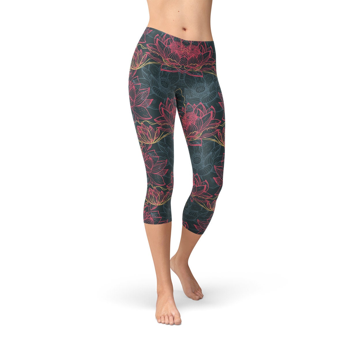 Floral Lotus Capri Leggings Lotus Flower Pattern Lotus Yoga - Etsy