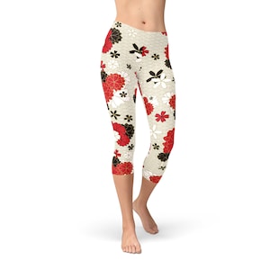 Cherry Blossom Capri Leggings For Women - Womens Japanese Sakura Capri Yoga Pants - Squat Approved Printed Floral Patterned Workout Capris