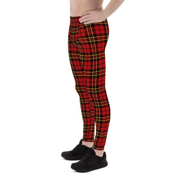 Tartan Plaid Leggings for Men Red Scottish Fabric Pattern Print Mid Waist  Full Length Mens Workout Pants Perfect for Running, Gym and Yoga -   Canada